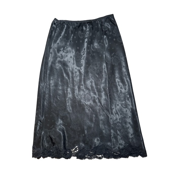 Unbranded Other - Vintage Black Satin Floral Polka Dot Jacquard Lace Trim Half Slip Skirt 27 Inch